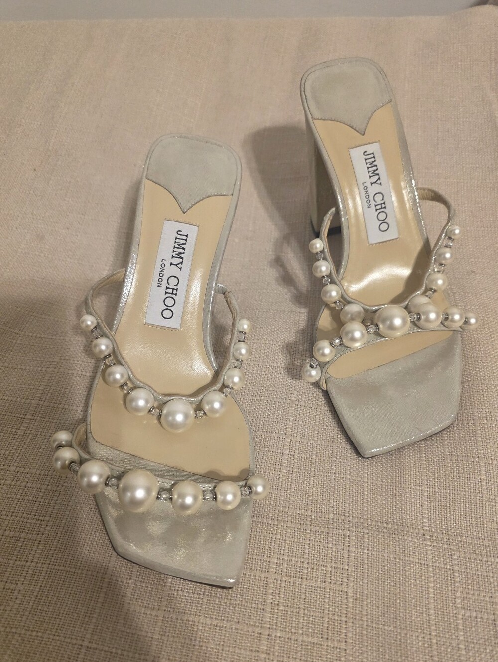 Jimmy Choo Women's Amara 85 Suede Block Heel Sandals Champagne White Size 6